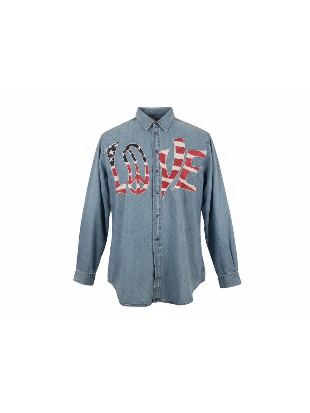 Rare XL Hippie’d LOVE Embroidered Denim Shirt Floral Buttons Retro Boho